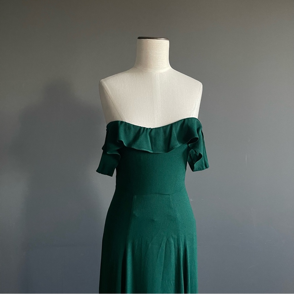 Reformation Emerald Green Off-Shoulder Maxi Dress Ruffle Sleeve Parisian Minimal - Picture 2 of 12